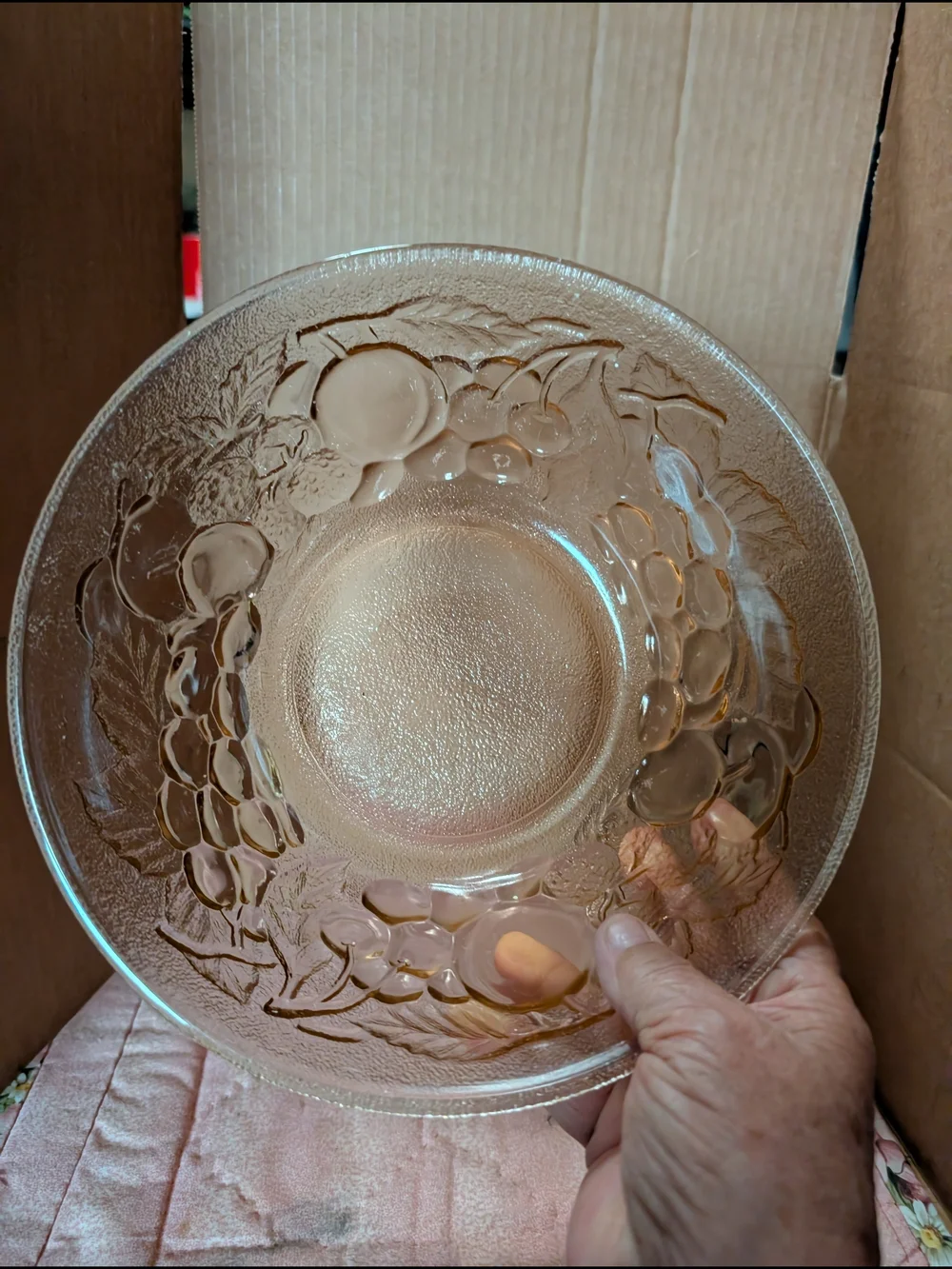 Vintage Pink Depression Glass Serving Bowl with Fruit Design
